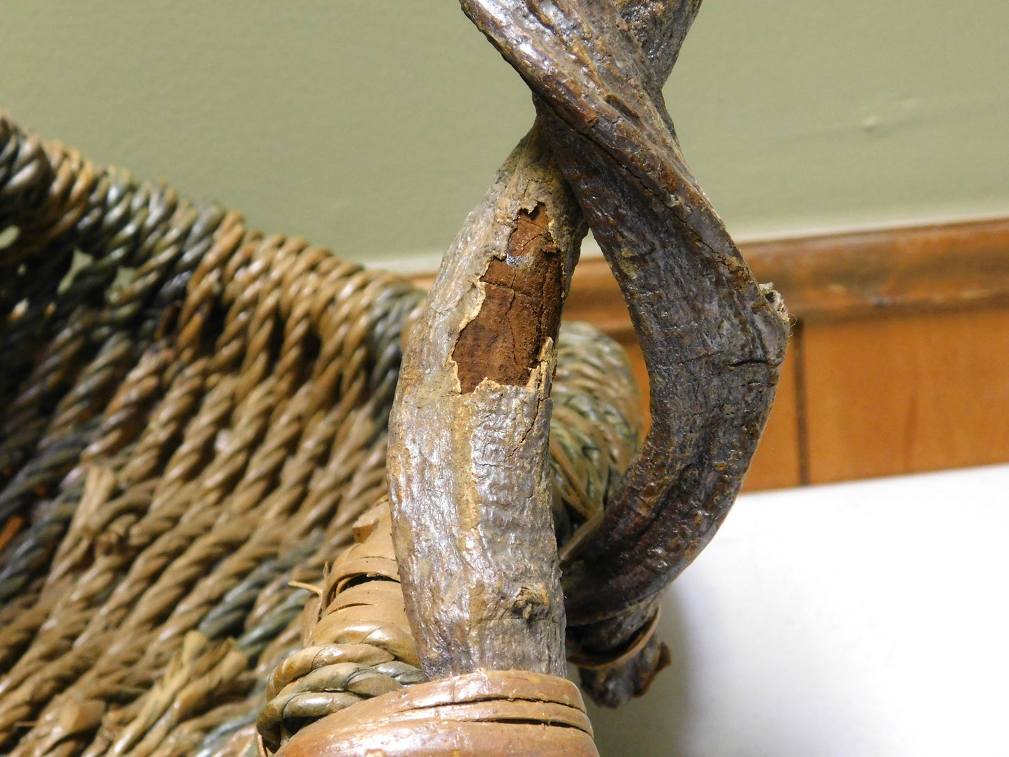 Vintage Woven Basket with Branch Handle