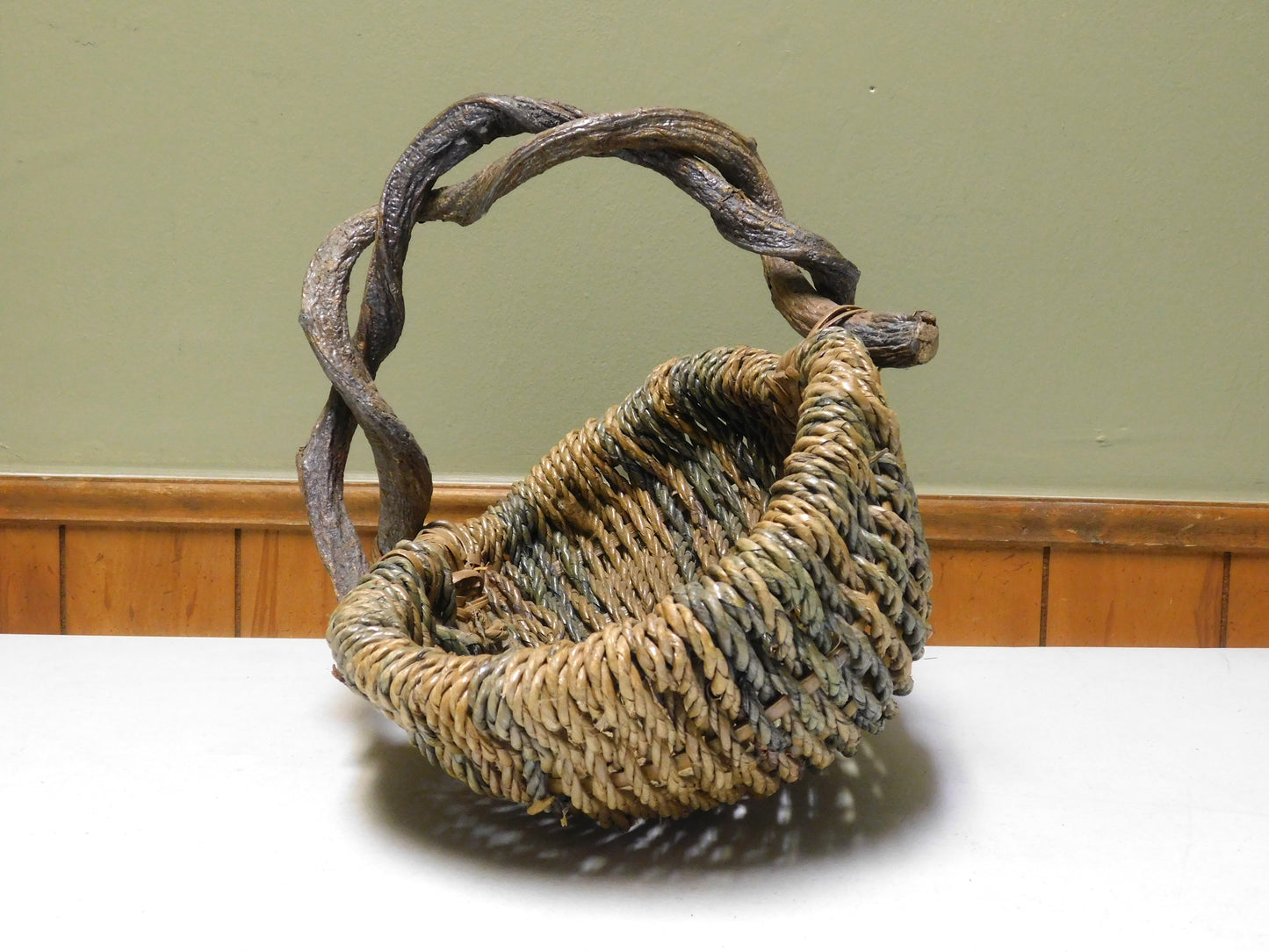 Vintage Woven Basket with Branch Handle