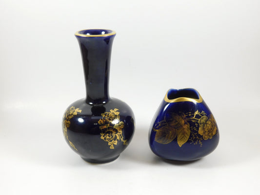2 Miniature Vases Emmendigen KHM Bavaria Echt Kobalt Lindner Handarbeit Germany