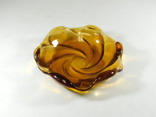 Vintage Amber Orange Swirl Glass Trinket Bowl