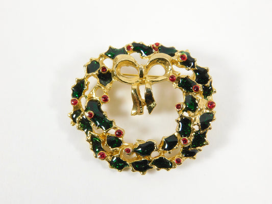 Vintage Gold Tone Holiday Christmas Wreath Pin Brooch