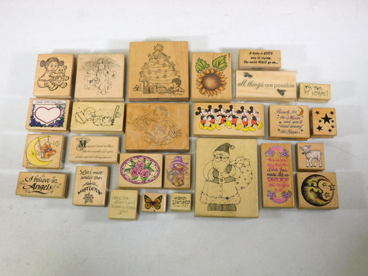 Lot of 26 Rubber Stamps, Flowers, Angels, Butterflies, Stars, Mickey Mouse