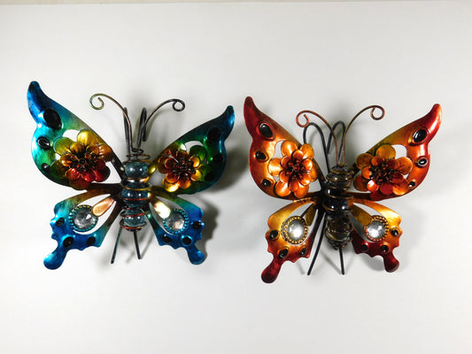 Set of 2 Metal Butterfly Pot Perchers Blue and Orange