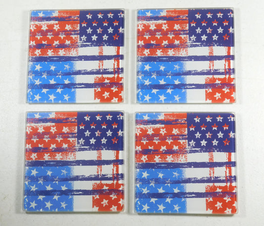 Set of 4 Americana Red White and Blue Square Patchwork Coasters
