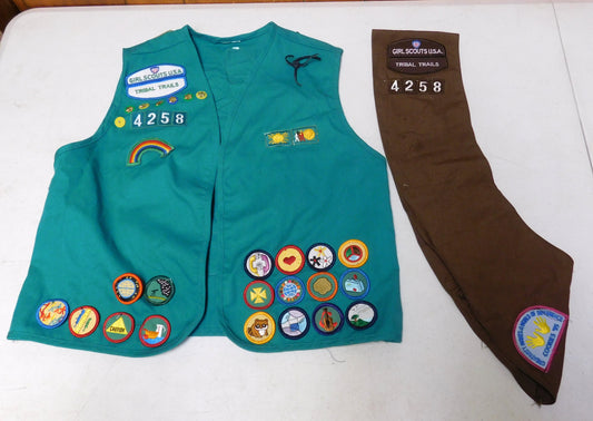 Vintage Girl Scouts USA Tribal Trails Vest and Sash with Patches