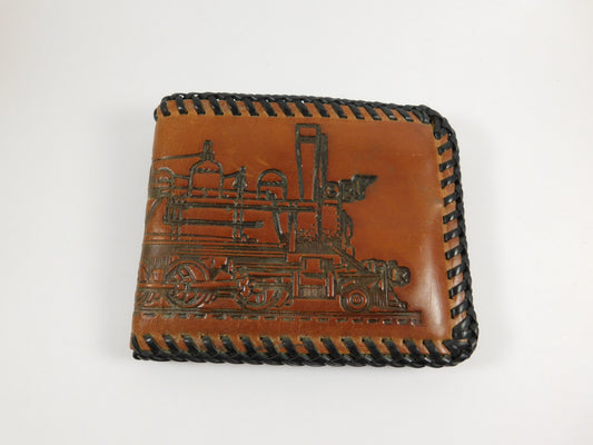 Vintage Leather Wallet Billfold with Train