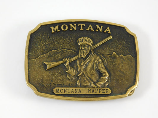 Vintage 1976 Bob Scriver Montana Trapper Mountainman Brass Belt Buckle
