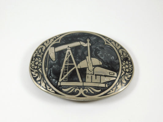 Vintage Award Design Meals ADM Silvertone Belt Buckle Oil Rig Pump