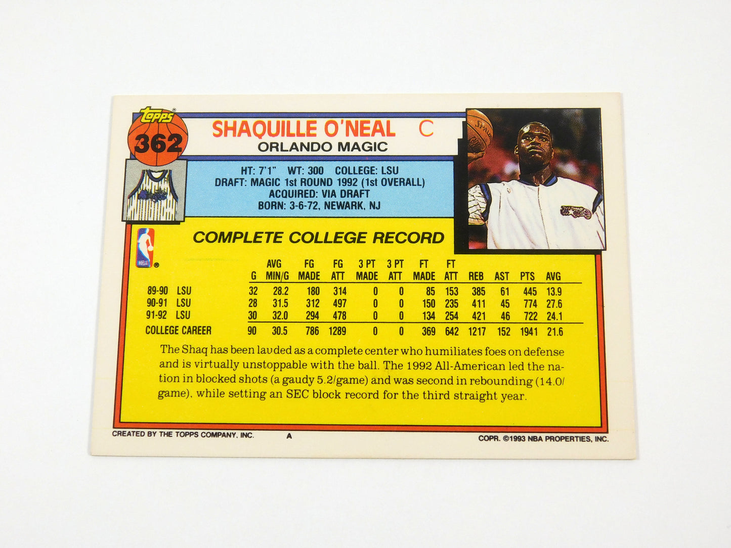 Shaquille O'Neal Topps #362 Basketball Card