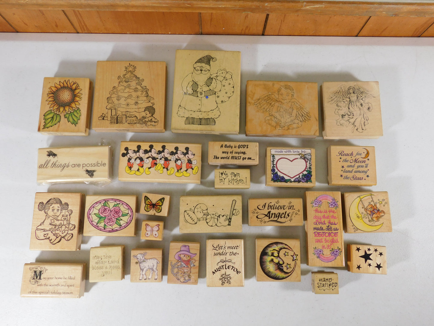 Lot of 24 Rubber Stamps, Flowers, Angels, Butterflies, Stars, Mickey Mouse