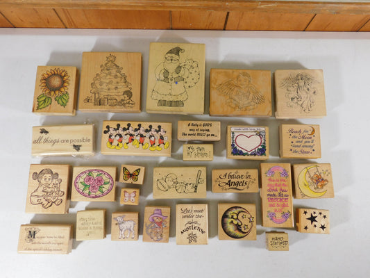 Lot of 24 Rubber Stamps, Flowers, Angels, Butterflies, Stars, Mickey Mouse