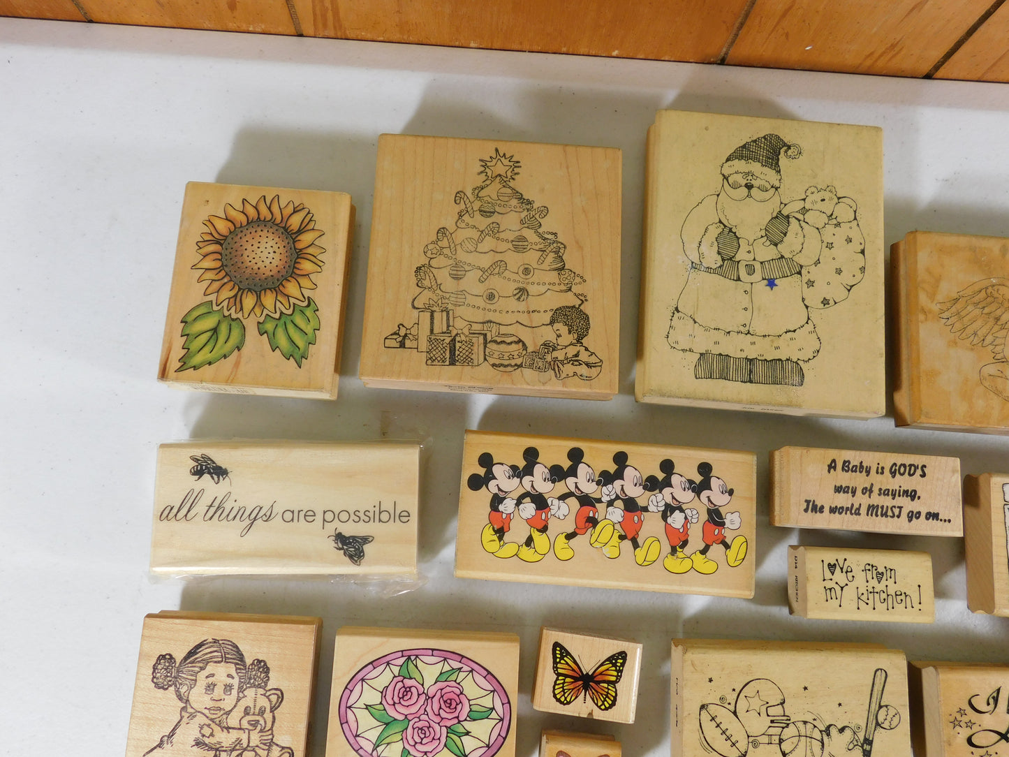 Lot of 24 Rubber Stamps, Flowers, Angels, Butterflies, Stars, Mickey Mouse