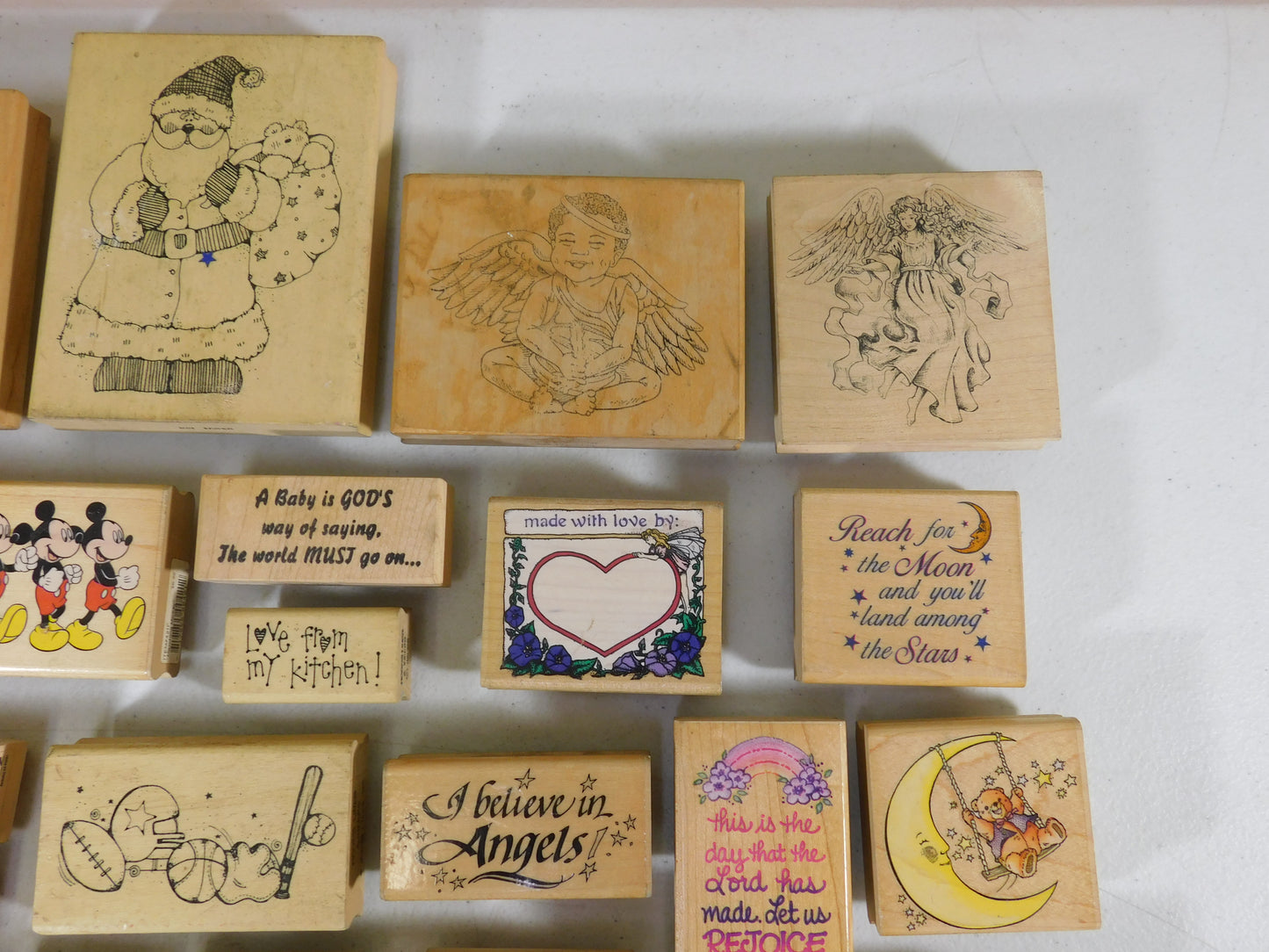 Lot of 24 Rubber Stamps, Flowers, Angels, Butterflies, Stars, Mickey Mouse