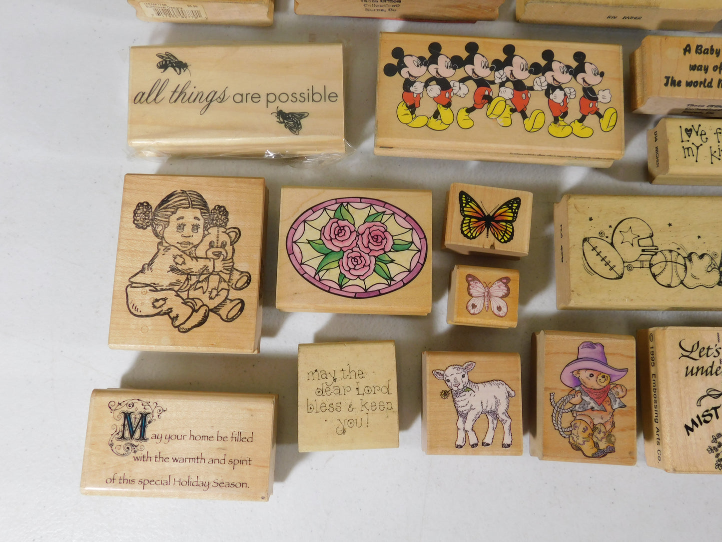 Lot of 24 Rubber Stamps, Flowers, Angels, Butterflies, Stars, Mickey Mouse