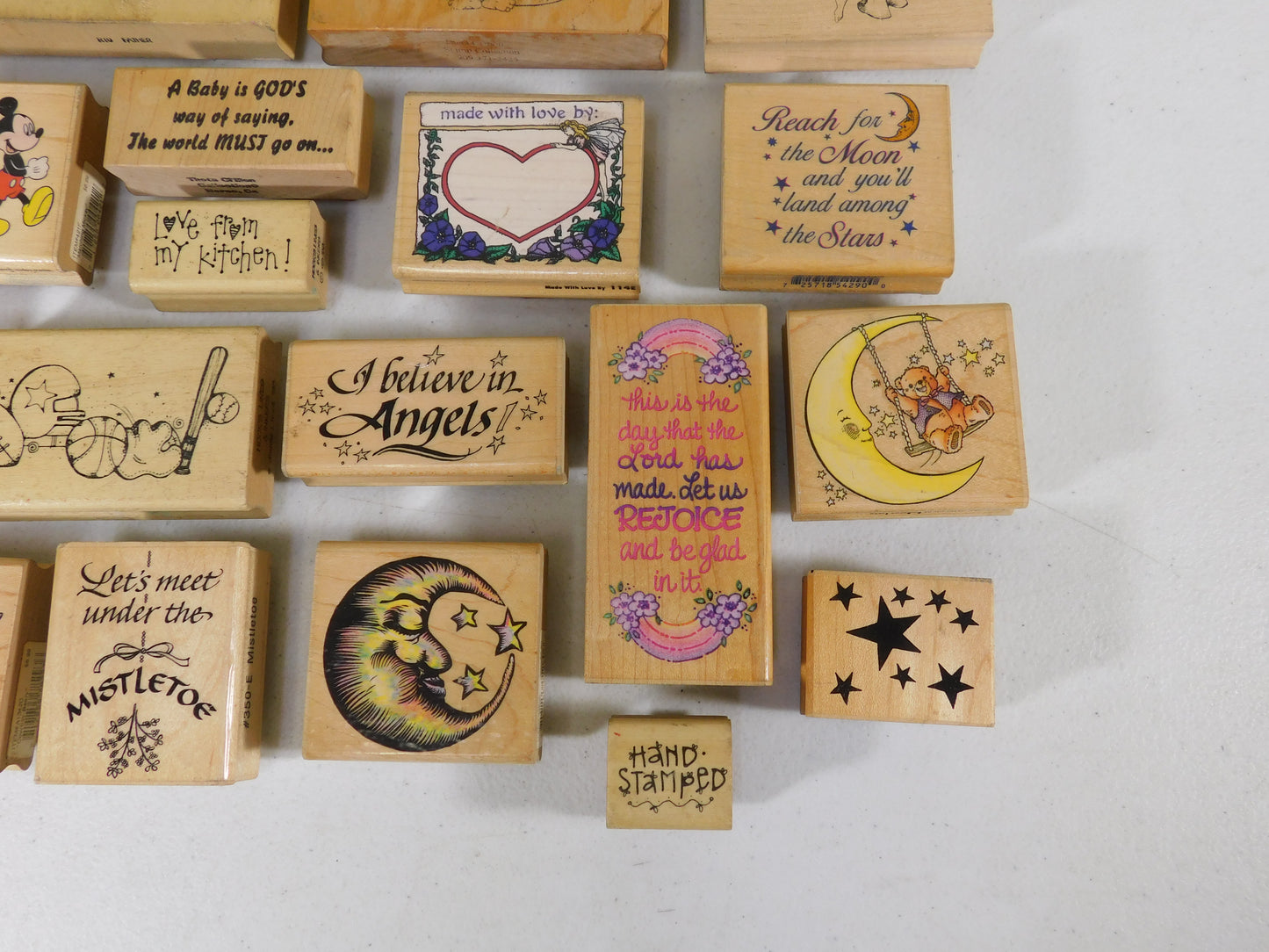 Lot of 24 Rubber Stamps, Flowers, Angels, Butterflies, Stars, Mickey Mouse