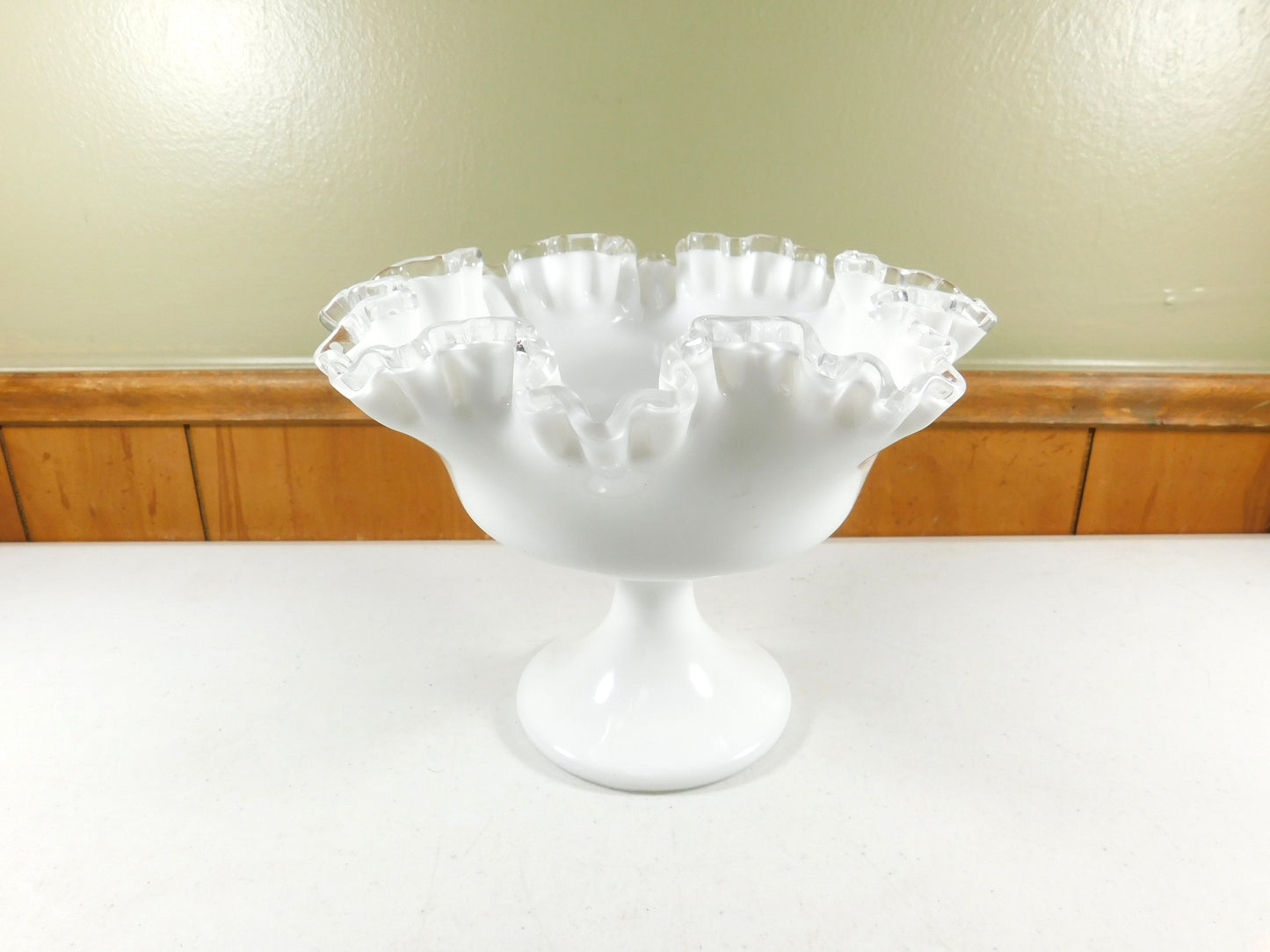 Fenton Milk Glass Ruffled Edge Pedestal Bowl Compote