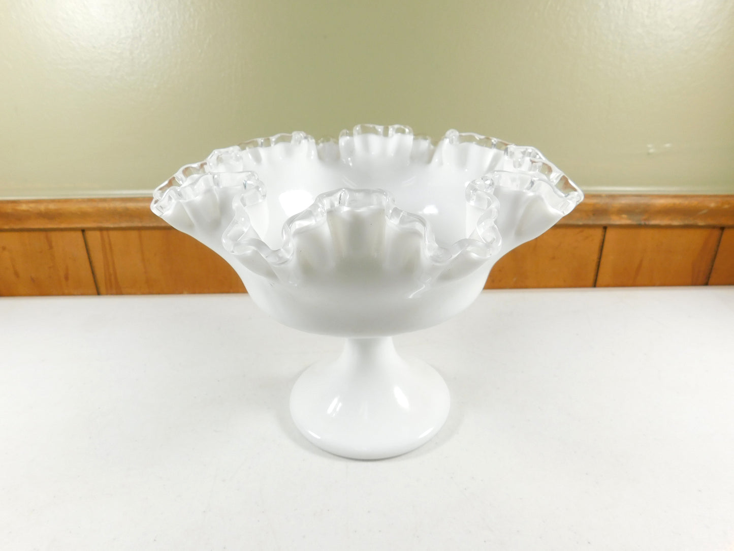 Fenton Milk Glass Ruffled Edge Pedestal Bowl Compote