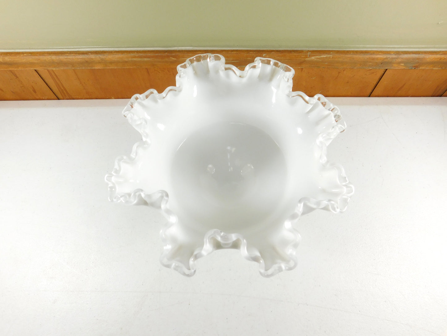 Fenton Milk Glass Ruffled Edge Pedestal Bowl Compote