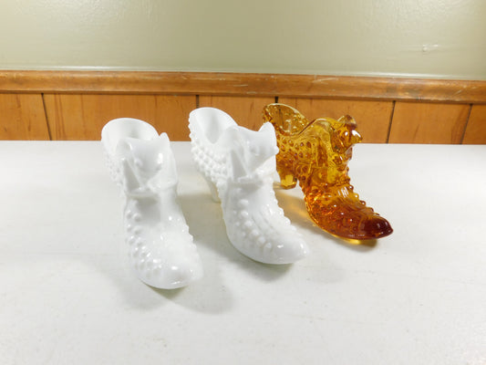 3 Hobnail Milk Glass Shoes Fenton White and Amber