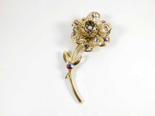 Vintage Sarah Coventry Gold Tone Rose Flower Rhinestone Pin Brooch