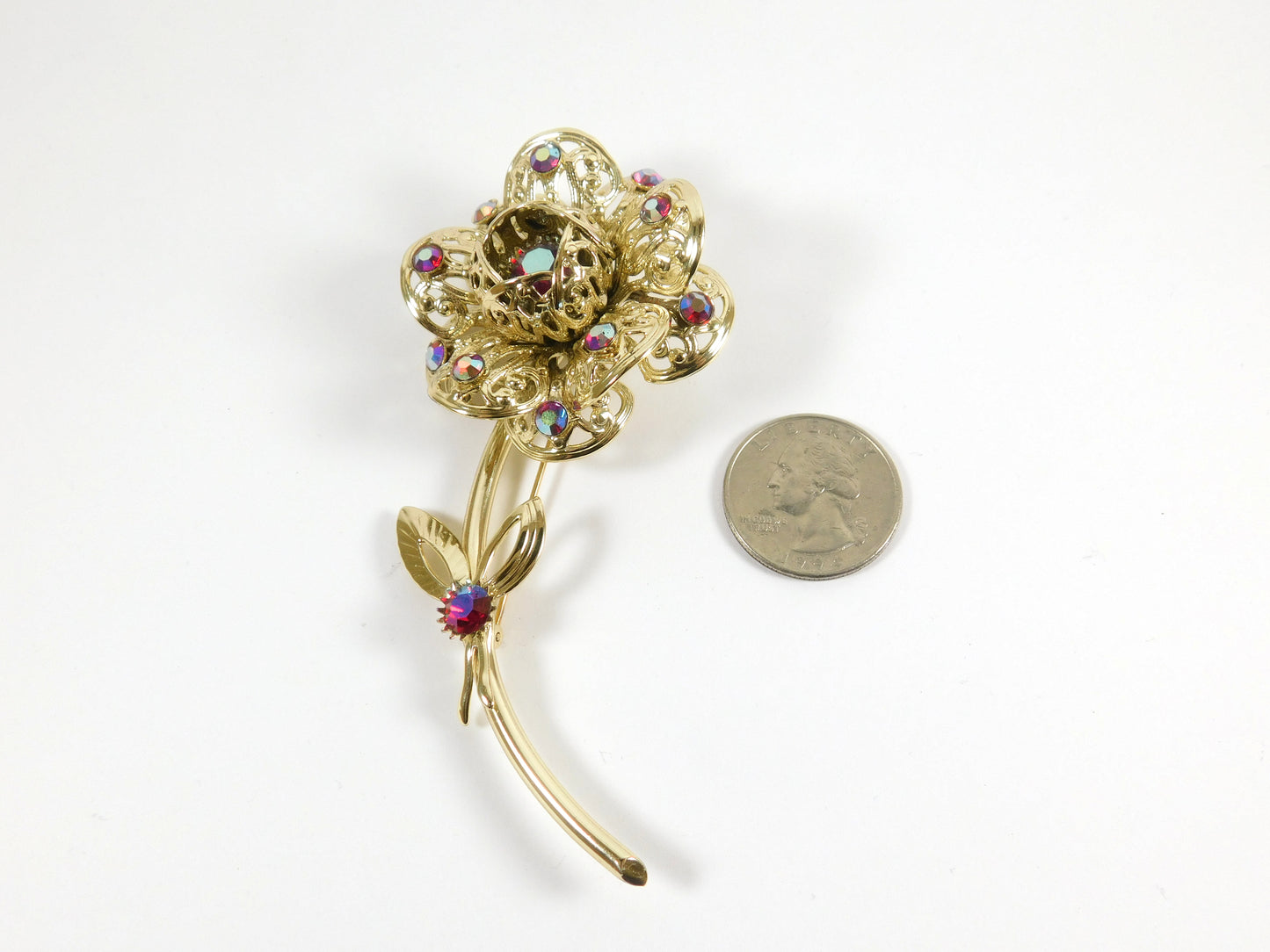 Vintage Sarah Coventry Gold Tone Rose Flower Rhinestone Pin Brooch