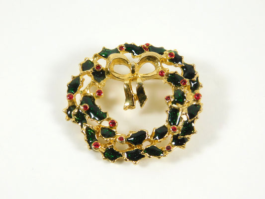 Vintage Gold Tone Holiday Christmas Wreath Pin Brooch