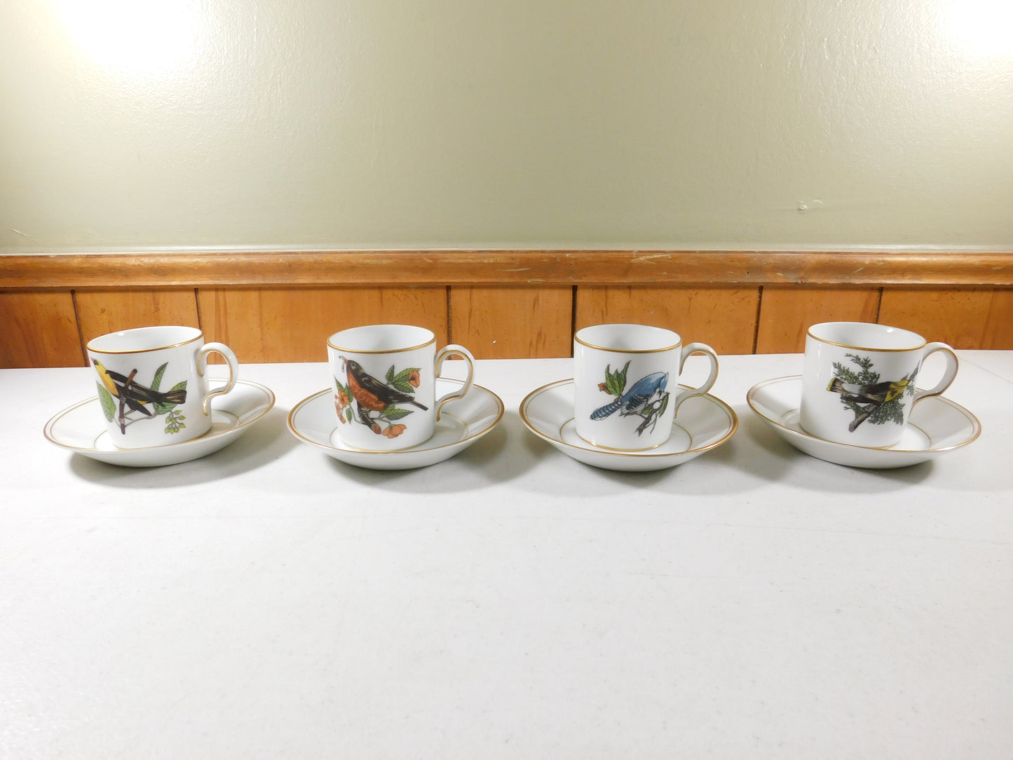 Neiman Marcus Fitz and Floyd Demitasse Cups and Saucers With Birds Set of 4