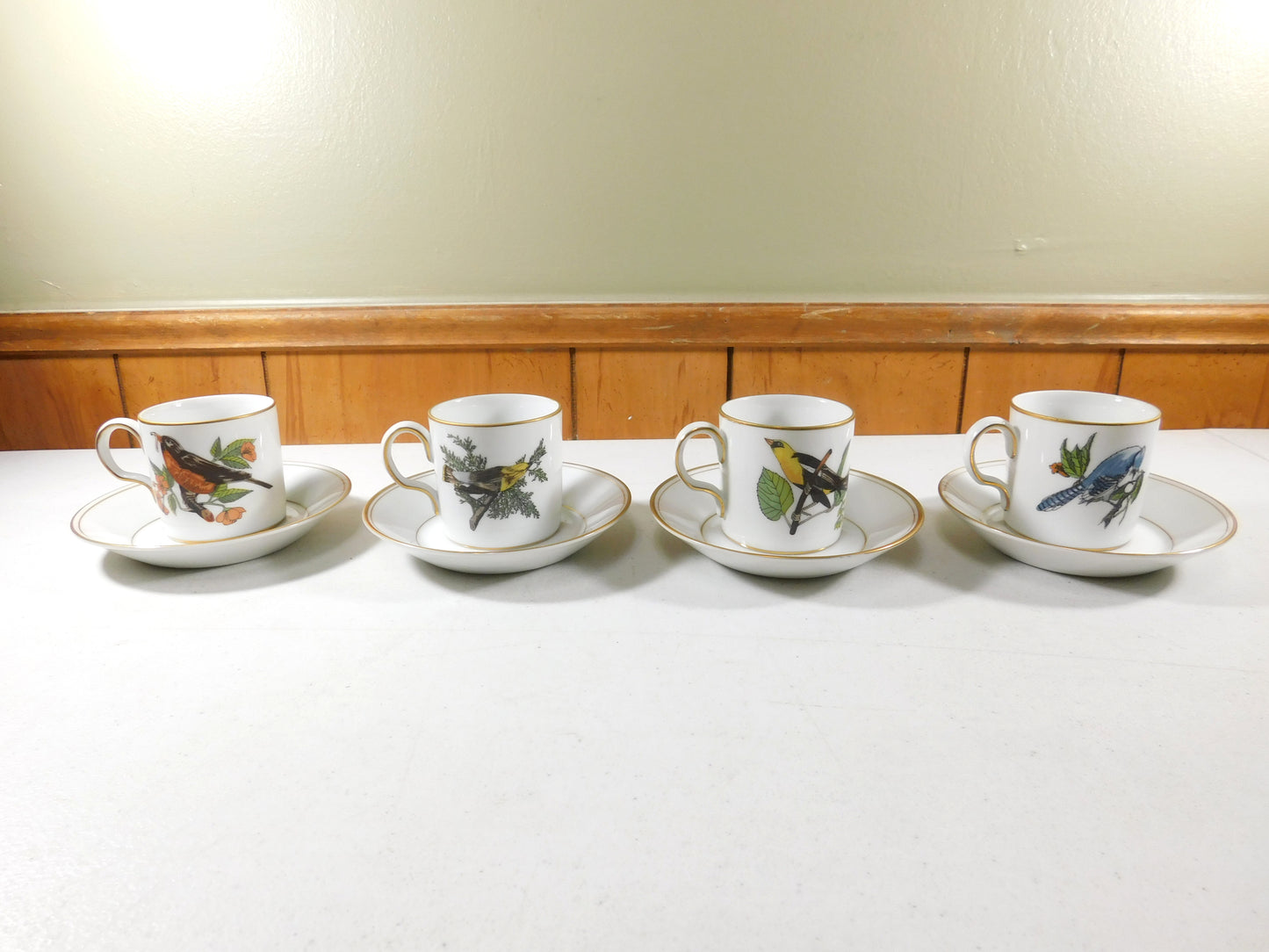 Neiman Marcus Fitz and Floyd Demitasse Cups and Saucers With Birds Set of 4