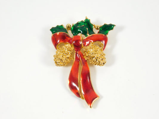 Vintage Christmas Ribbon Holiday Pinecone Pin Brooch