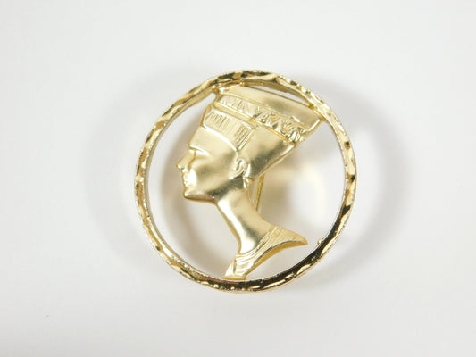 Vintage Egyptian Revival Queen Nefertiti Gold Tone Brooch Pin Pendant