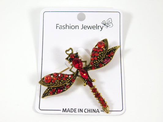 Red and Gold Tone Dragonfly Fashion Jewelry Brooch