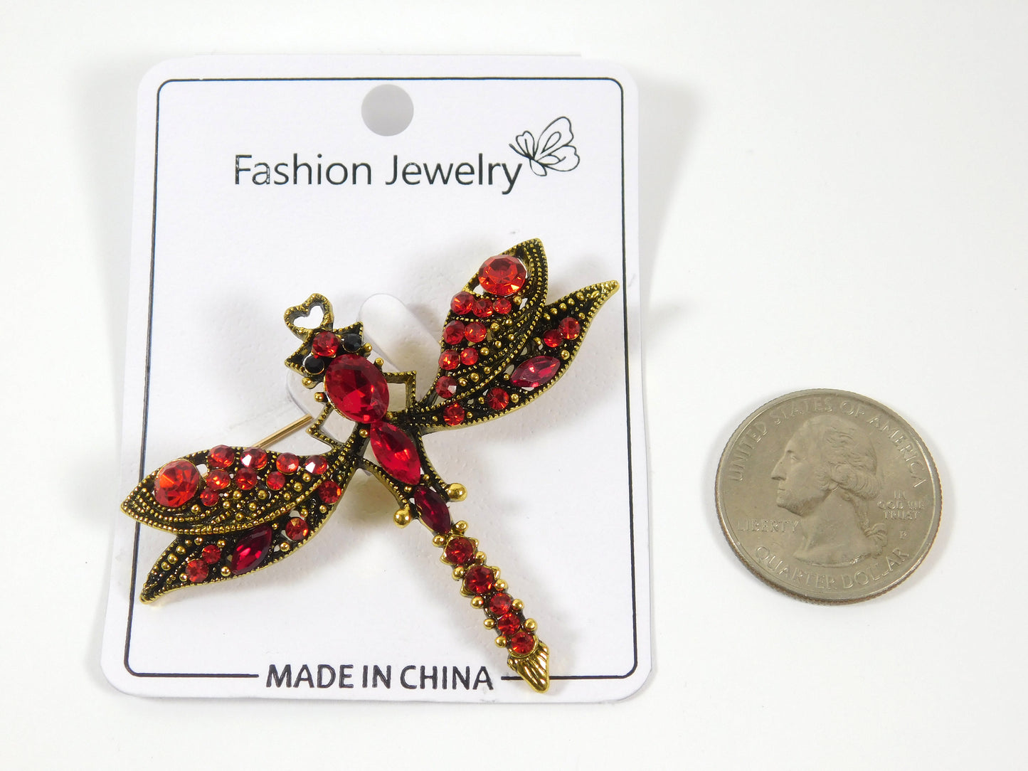 Red and Gold Tone Dragonfly Fashion Jewelry Brooch