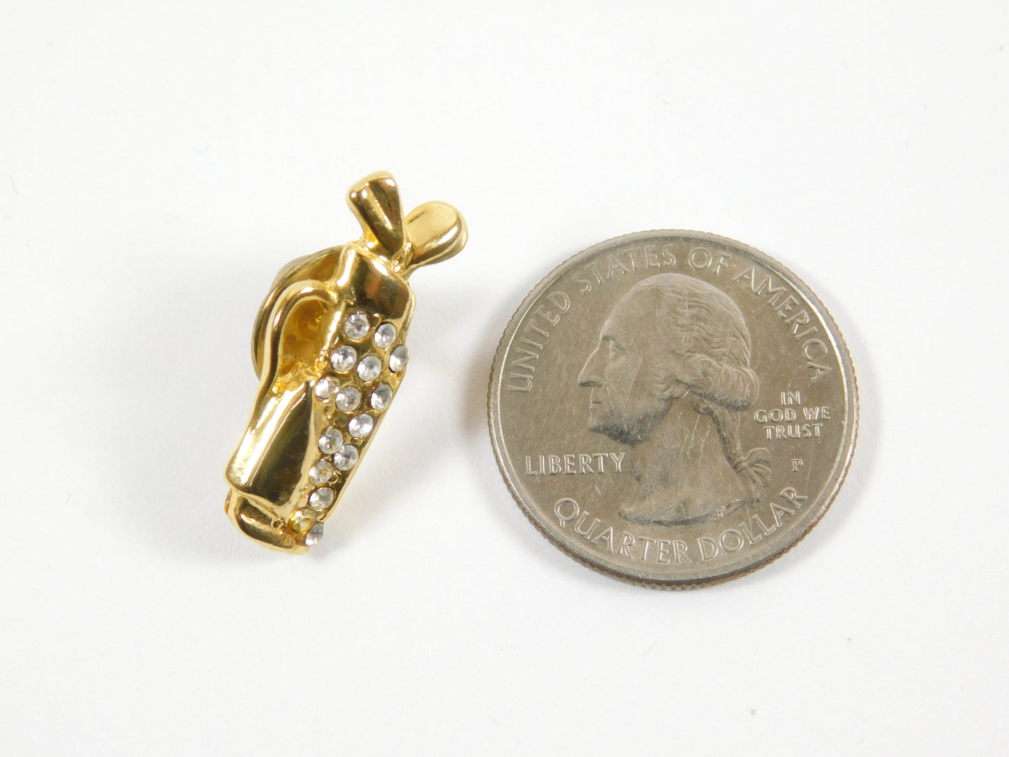 Gold Tone Golf Bag and Clubs with Rhinestones Lapel Pin