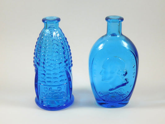 Set of 2 Vintage Blue Glass Bottles Old Doc's Cure and Washington