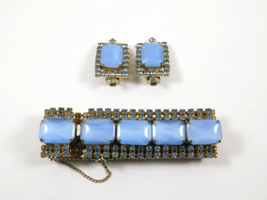 Vintage Gold Tone Blue Rhinestone Bracelet with Clip-on Earrings