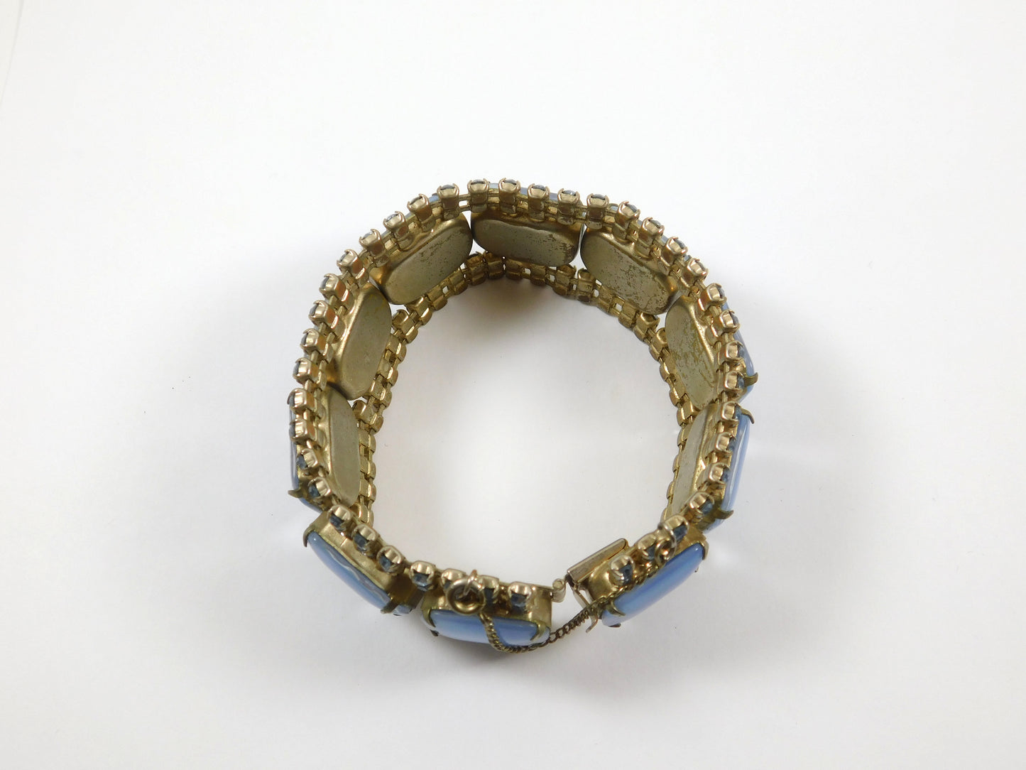 Vintage Gold Tone Blue Rhinestone Bracelet with Clip-on Earrings