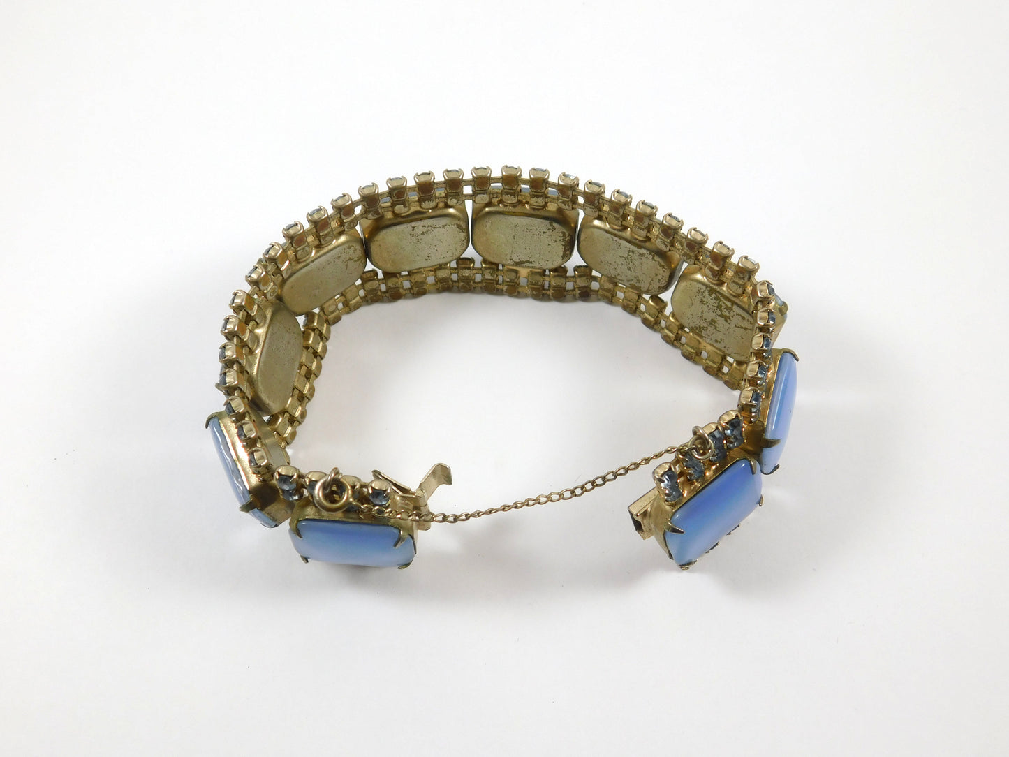 Vintage Gold Tone Blue Rhinestone Bracelet with Clip-on Earrings